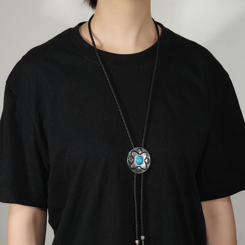 FGSS Vintage Turquoise Bolo Tie For Men - Western Cowboy Colored Oval Bola Necktie Retro Leather Necklace for Men Women - Image 5